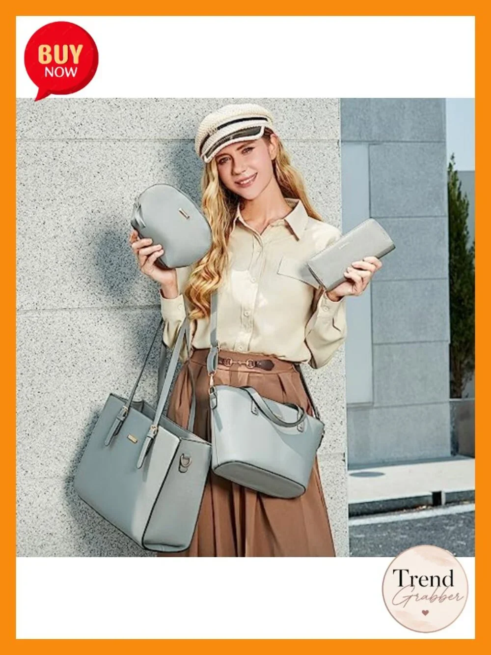Synthetic Leather Tote Bag Set with Crossbody & Cosmetic Bag
